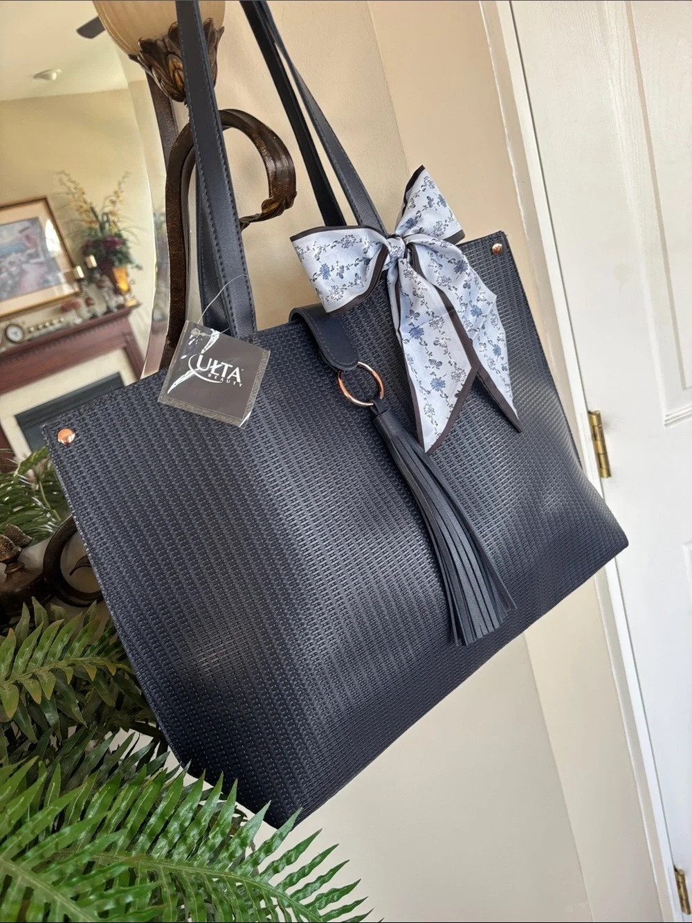 Chic Textured Navy Tote Shoulder Bag Tassel & Scarf Bow Laptop Office Snap Close